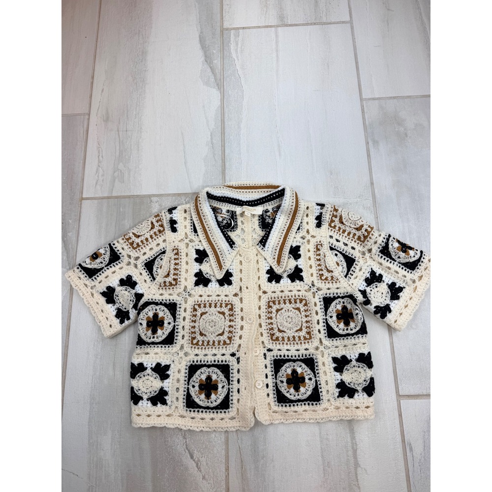 Rebellion Again Crochet Granny Square Cardigan Top Cream Black Tan Womens Medium